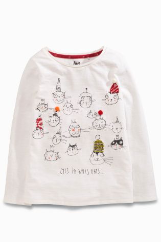 Ecru Christmas Cat T-Shirt And Headband Set (3-16yrs)